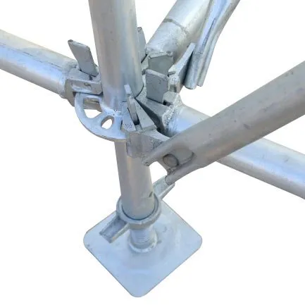 Ringlock standard on a base jack with ledgers and diagonal braces